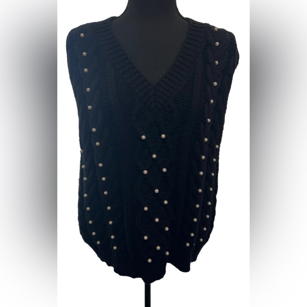 Anna & Ava Women’s Black Knit Sweater Vest White Pearls Stretch SL Size L/XL